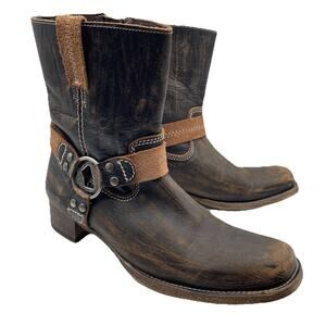 BED STU Roma Harness Ankle Boots Women's 10 Brown Distressed Leather Moto Biker
